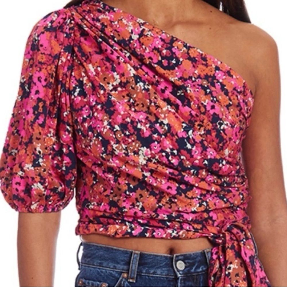 Amanda Uprichard Bexley One Shoulder Top Bloomessence Floral Large Ruched Knot - Picture 3 of 10